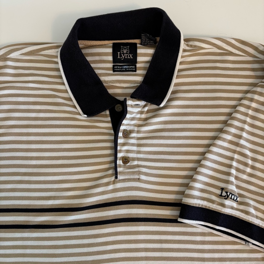 Vintage Lynx Golf Polo Shirt Size XL Tan White Stripe Mens Moisture Wicking